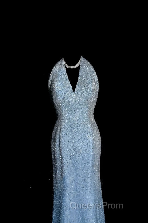 Vintage Mermaid Halter Neck Blue Sequin Evening Prom Gown Fairy Evening Prom Dress
