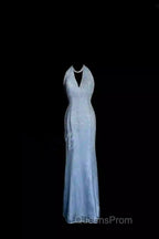 Vintage Mermaid Halter Neck Blue Sequin Evening Prom Gown Fairy Evening Prom Dress