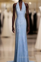 Vintage Mermaid Halter Neck Blue Sequin Evening Prom Gown Fairy Evening Prom Dress
