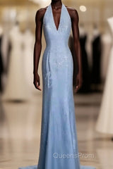 Vintage Mermaid Halter Neck Blue Sequin Evening Prom Gown Fairy Evening Prom Dress
