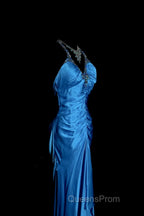 Vintage Mermaid Halter Neck Royal Blue Satin Backless Evening Prom Gown Fairy Evening Prom Dress