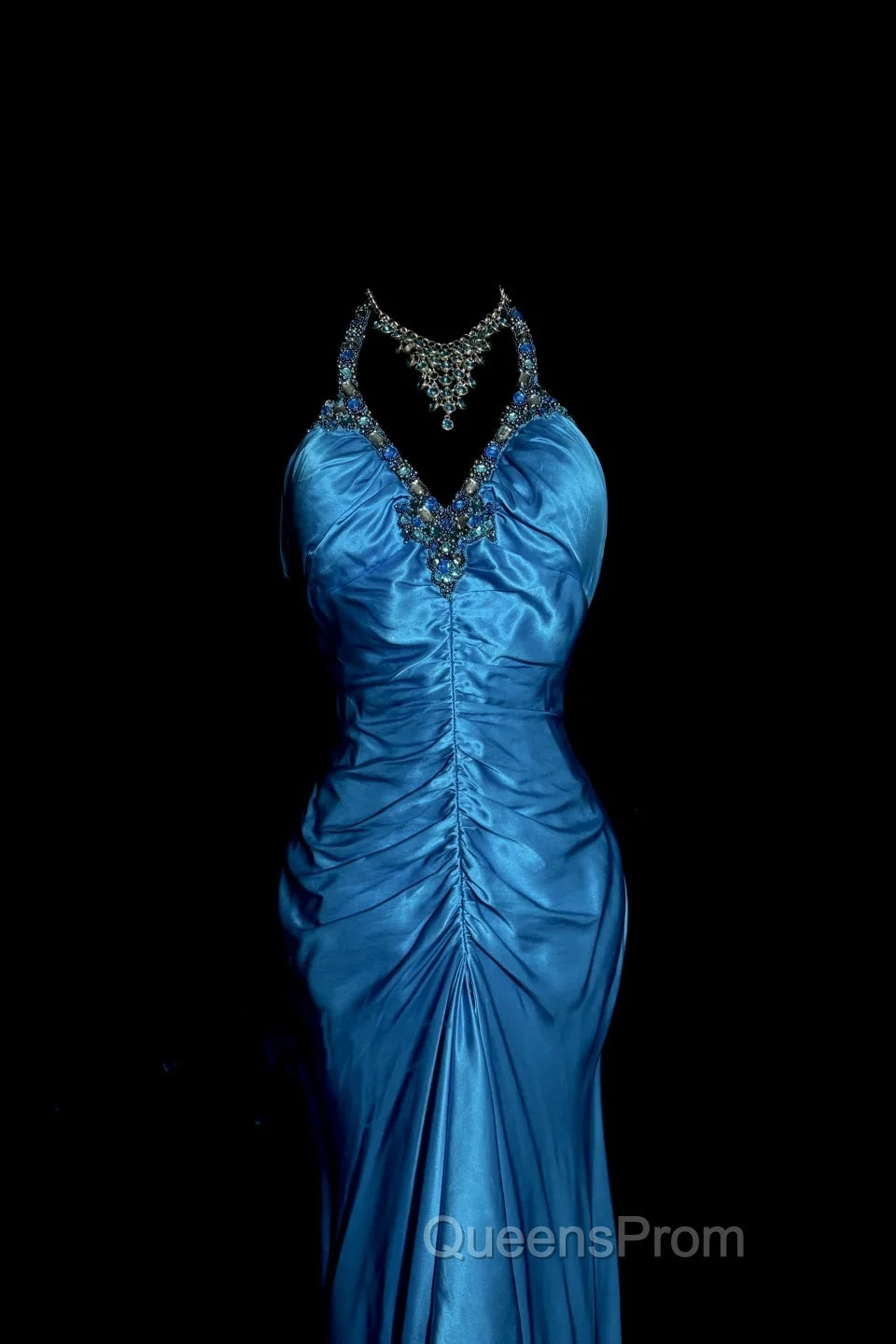 Vintage Mermaid Halter Neck Royal Blue Satin Backless Evening Prom Gown Fairy Evening Prom Dress