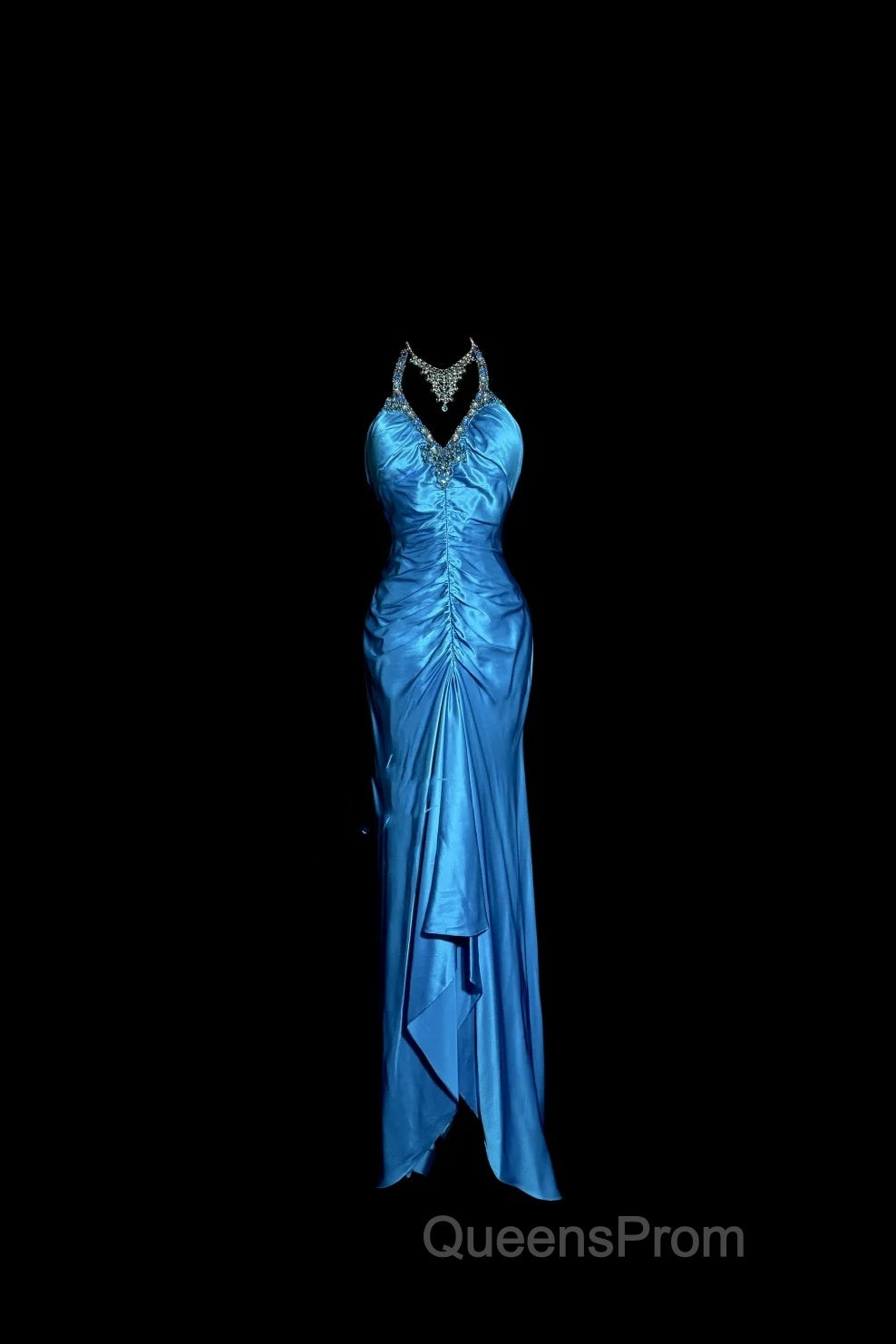 Vintage Mermaid Halter Neck Royal Blue Satin Backless Evening Prom Gown Fairy Evening Prom Dress
