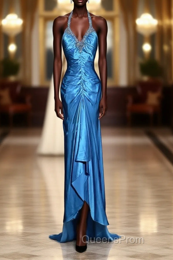 Vintage Mermaid Halter Neck Royal Blue Satin Backless Evening Prom Gown Fairy Evening Prom Dress Main image