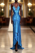 Vintage Mermaid Halter Neck Royal Blue Satin Backless Evening Prom Gown Fairy Evening Prom Dress