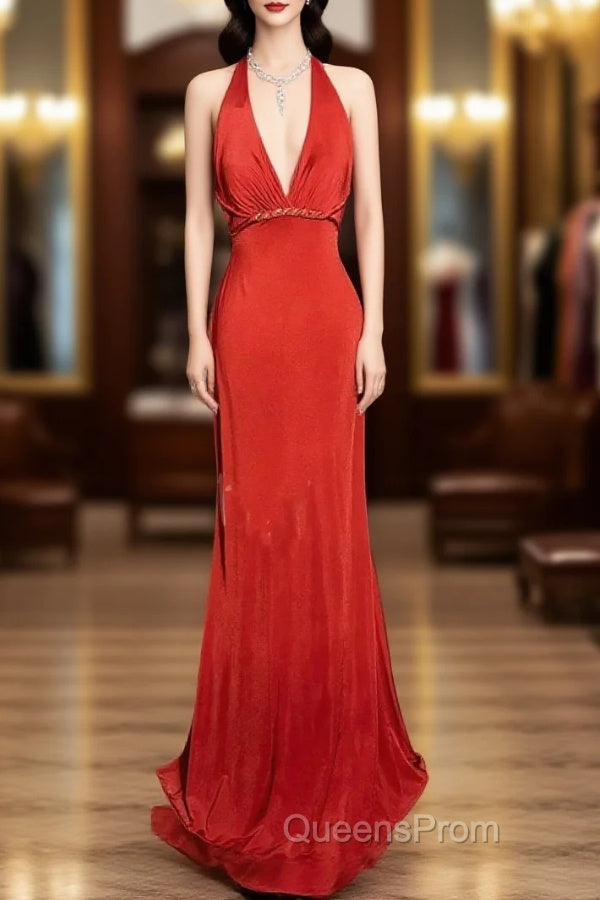 Vintage Mermaid Halter Satin Red Evening Prom Gown Fairy Evening Prom Dress Main image