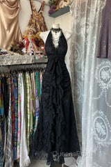 Vintage Mermaid Halter Sleeveless Long Black Lace Evening Dress Evening Prom Dress