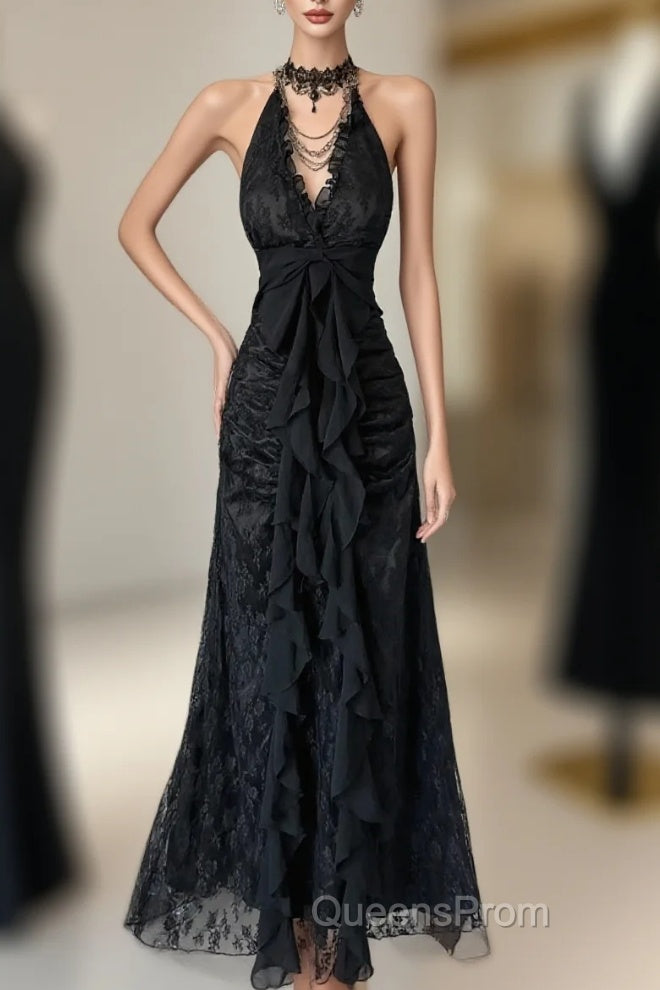 Vintage Mermaid Halter Sleeveless Long Black Lace Evening Dress Evening Prom Dress Main image