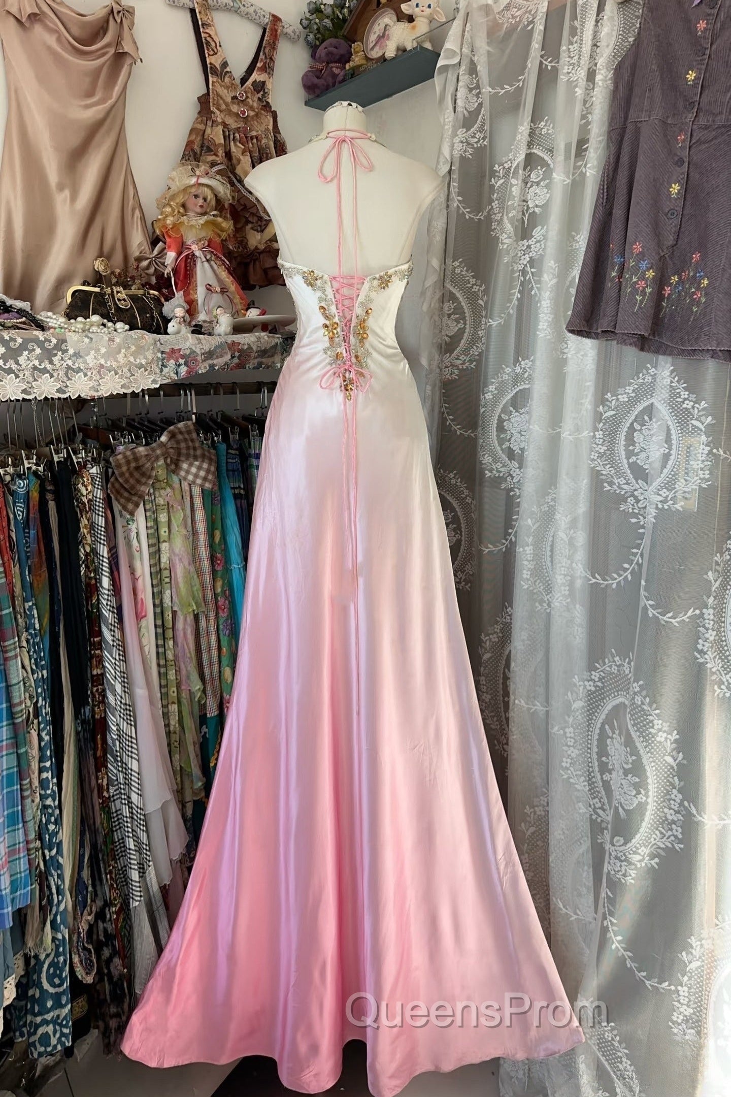 Vintage Mermaid Halter Sleeveless Long Ombre Pink Evening Dress Evening Prom Dress Secondary image