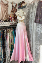 Vintage Mermaid Halter Sleeveless Long Ombre Pink Evening Dress Evening Prom Dress