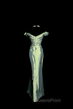 Vintage Mermaid Off The Shoulder Green Long Evening Prom Gown Fairy Evening Prom Dress