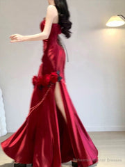 Vintage Mermaid One Shoulder Burgundy Satin Long Floor Length Prom Dresses