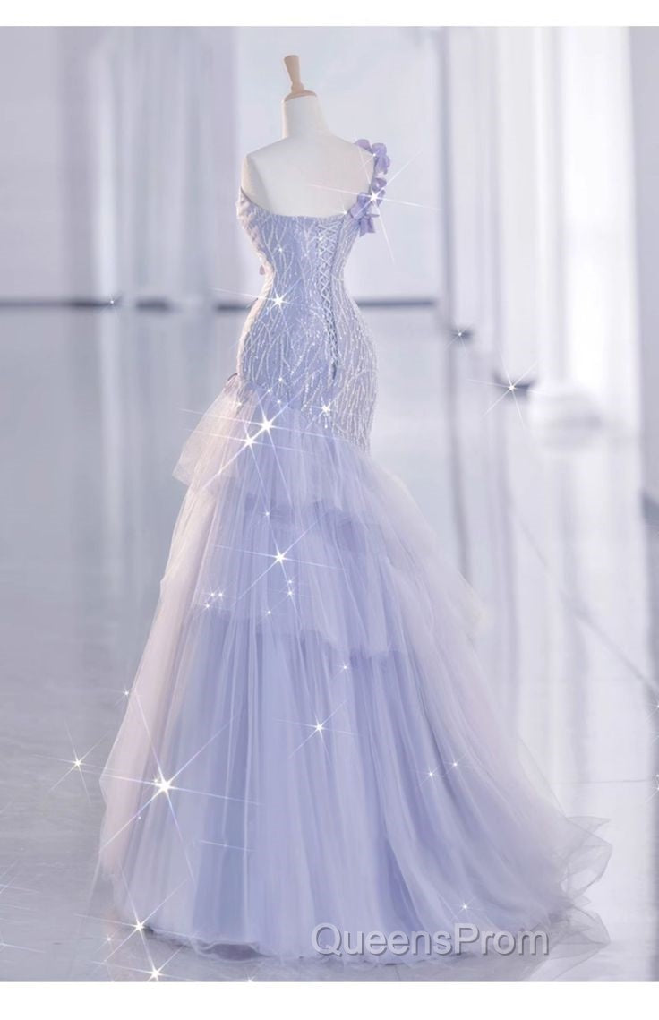 Vintage Mermaid One Shoulder Lilac Tulle Satin Long Evening Prom Dress Party Dress Secondary image