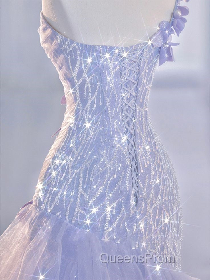 Vintage Mermaid One Shoulder Lilac Tulle Satin Long Evening Prom Dress Party Dress