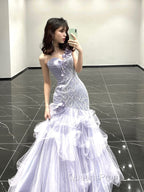 Vintage Mermaid One Shoulder Lilac Tulle Satin Long Evening Prom Dress Party Dress