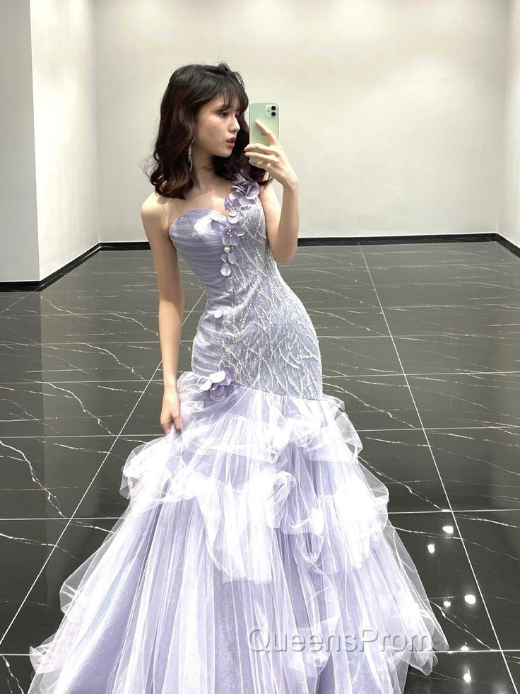 Vintage Mermaid One Shoulder Lilac Tulle Satin Long Evening Prom Dress Party Dress