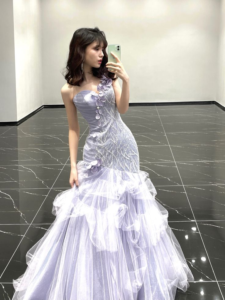 Vintage Mermaid One Shoulder Lilac Tulle Satin Long Classy Prom Dress Party Dress
