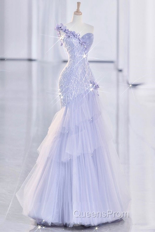 Vintage Mermaid One Shoulder Lilac Tulle Satin Long Evening Prom Dress Party Dress