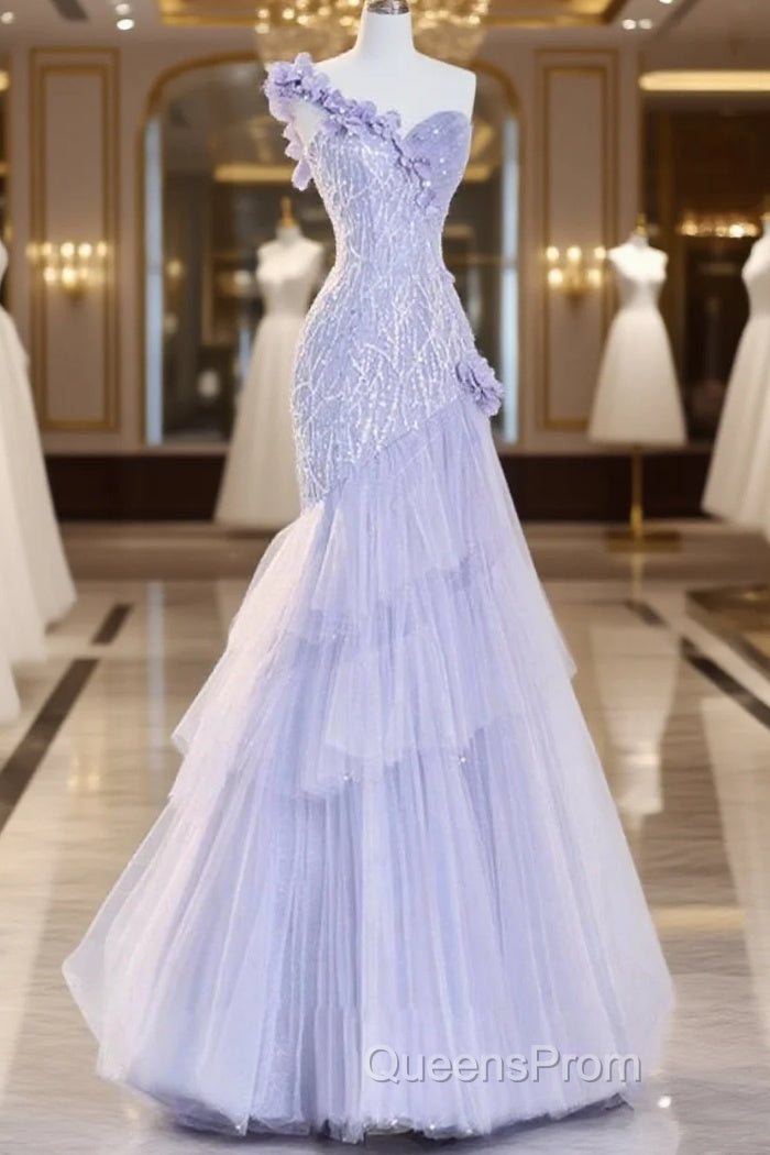 Vintage Mermaid One Shoulder Lilac Tulle Satin Long Evening Prom Dress Party Dress Main image