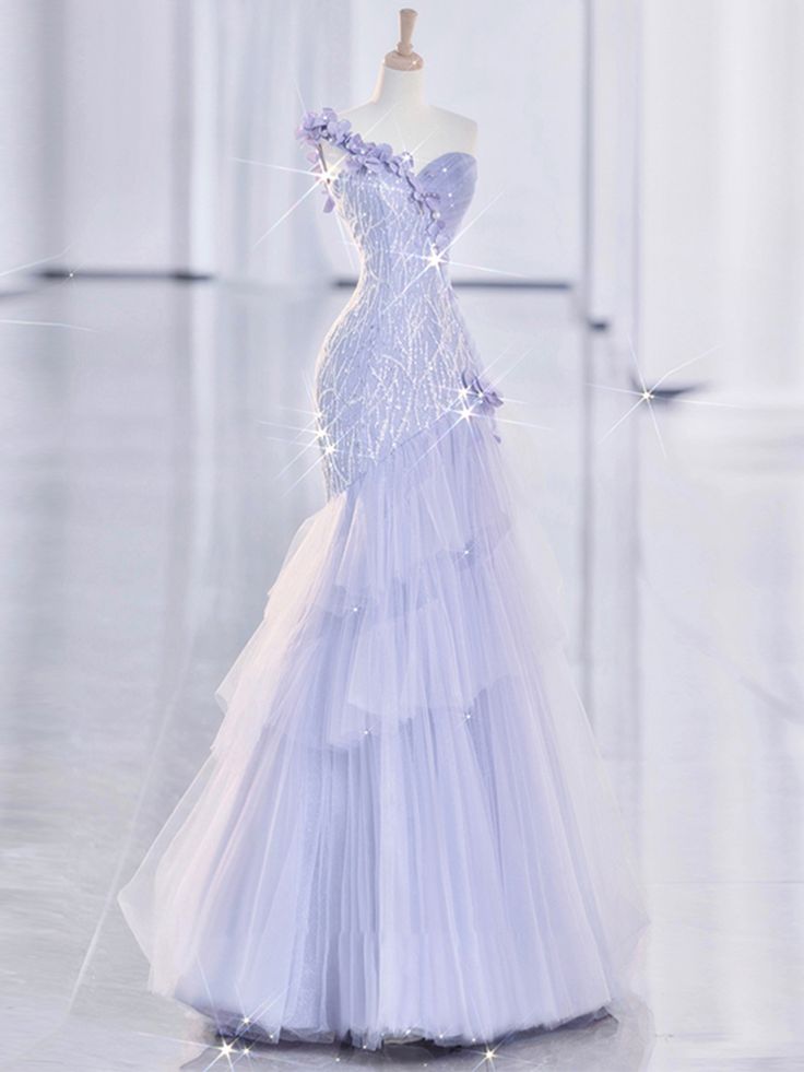 Vintage Mermaid One Shoulder Lilac Tulle Satin Long Classy Prom Dress Party Dress Main image