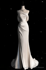 Vintage Mermaid One Shoulder Long White Satin Wedding Dresses