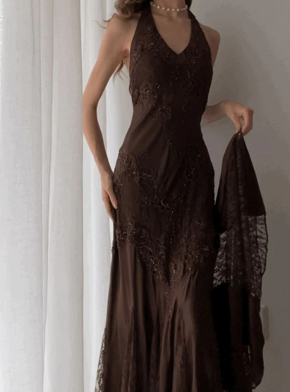 Vintage Mermaid Sleeveless Halter Brown Long Classy Prom Dress