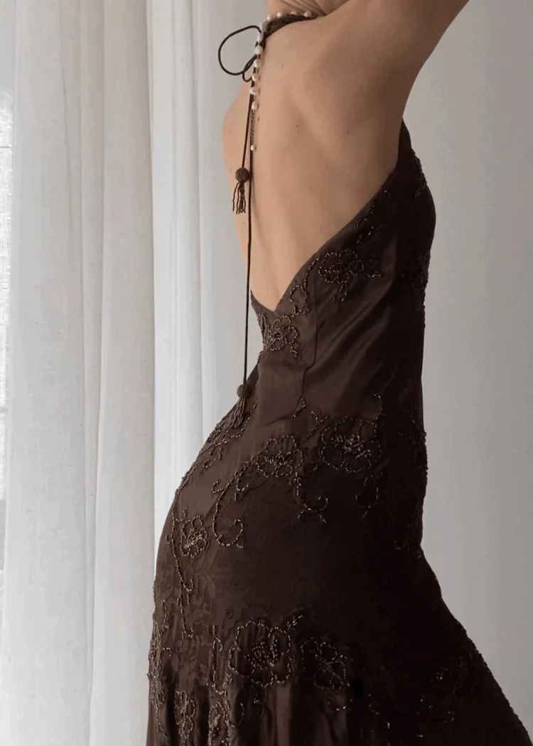 Vintage Mermaid Sleeveless Halter Brown Long Classy Prom Dress