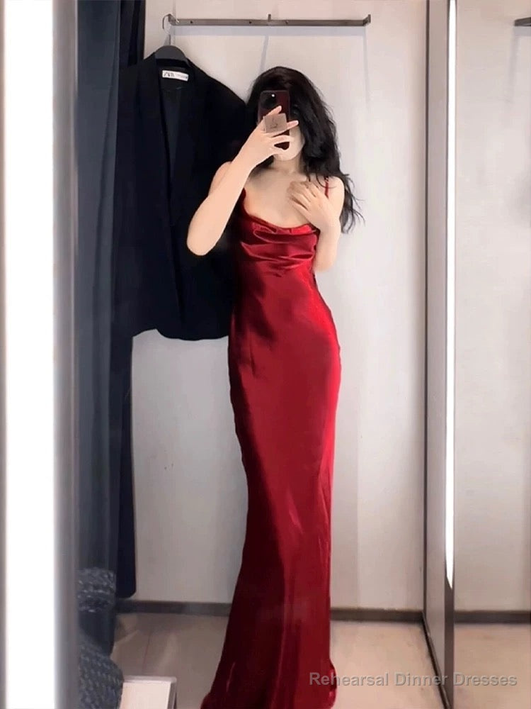 Vintage Mermaid Spaghetti Straps Burgundy Satin Long Floor Length Prom Dresses Main image