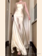 Vintage Mermaid Spaghetti Straps Champagne Satin Long Floor Length Prom Dresses