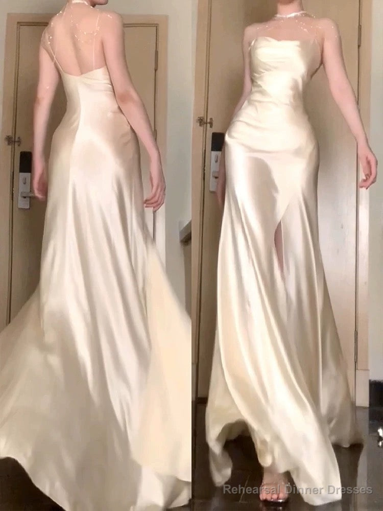 Vintage Mermaid Spaghetti Straps Champagne Satin Long Floor Length Prom Dresses Main image