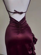 Vintage Mermaid Spaghetti Straps Custom Silk Satin Blue Long Classy Prom Dress