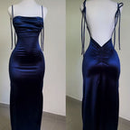 Vintage Mermaid Spaghetti Straps Custom Silk Satin Blue Long Classy Prom Dress