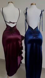 Vintage Mermaid Spaghetti Straps Custom Silk Satin Blue Long Classy Prom Dress