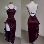 Vintage Mermaid Spaghetti Straps Custom Silk Satin Blue Long Classy Prom Dress