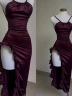 Vintage Mermaid Spaghetti Straps Custom Silk Satin Blue Long Classy Prom Dress