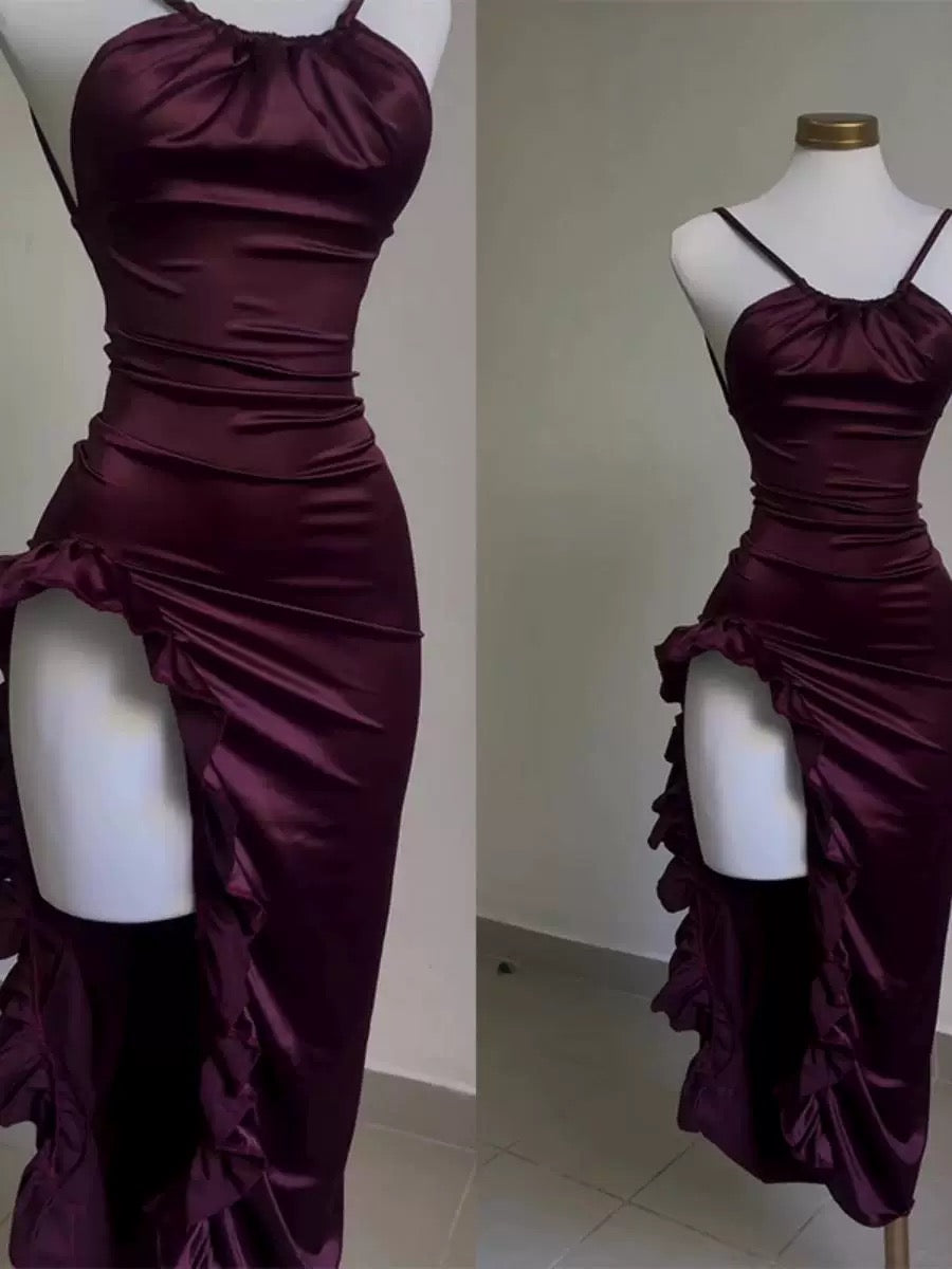 Vintage Mermaid Spaghetti Straps Custom Silk Satin Blue Long Classy Prom Dress