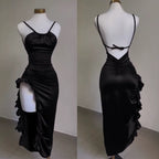 Vintage Mermaid Spaghetti Straps Custom Silk Satin Blue Long Classy Prom Dress