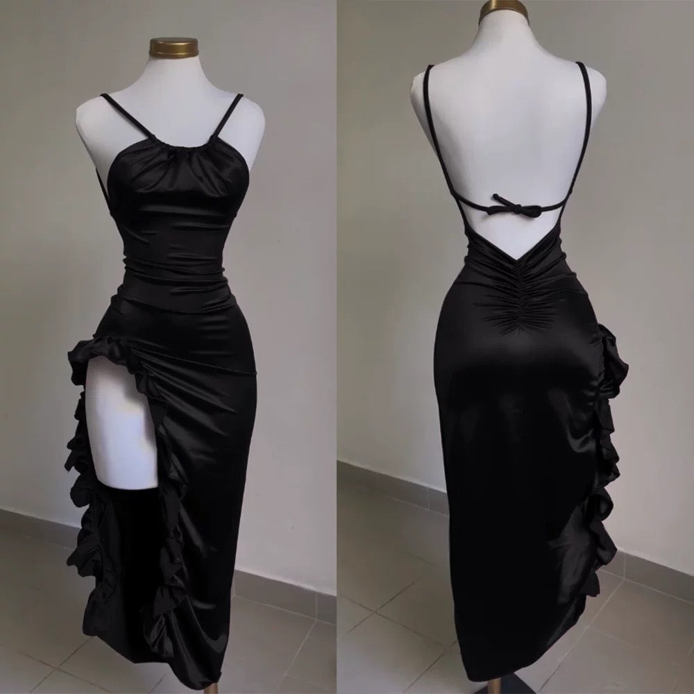 Vintage Mermaid Spaghetti Straps Custom Silk Satin Blue Long Classy Prom Dress