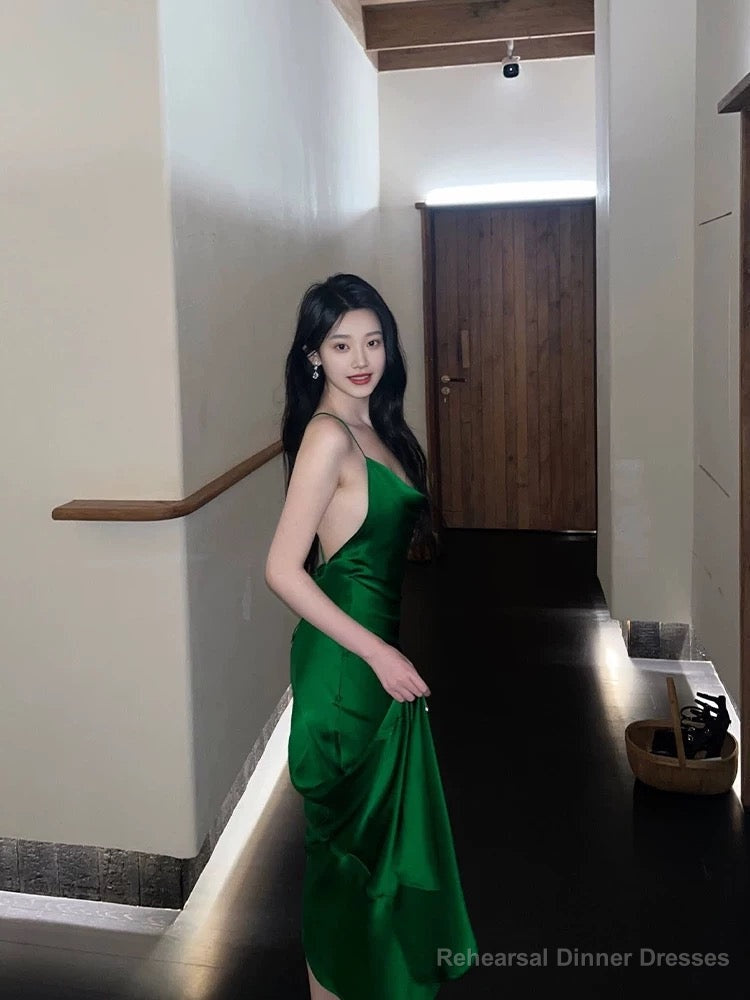 Vintage Mermaid Spaghetti Straps Green Satin Long Birthday Dress Prom Dresses Main image