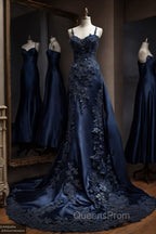 Vintage Mermaid Spaghetti Straps Navy Blue Satin Long Evening Prom Dress Party Dress