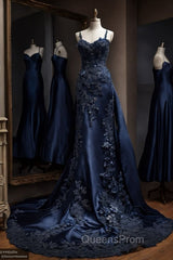 Vintage Mermaid Spaghetti Straps Navy Blue Satin Long Evening Prom Dress Party Dress