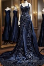 Vintage Mermaid Spaghetti Straps Navy Blue Satin Long Evening Prom Dress Party Dress
