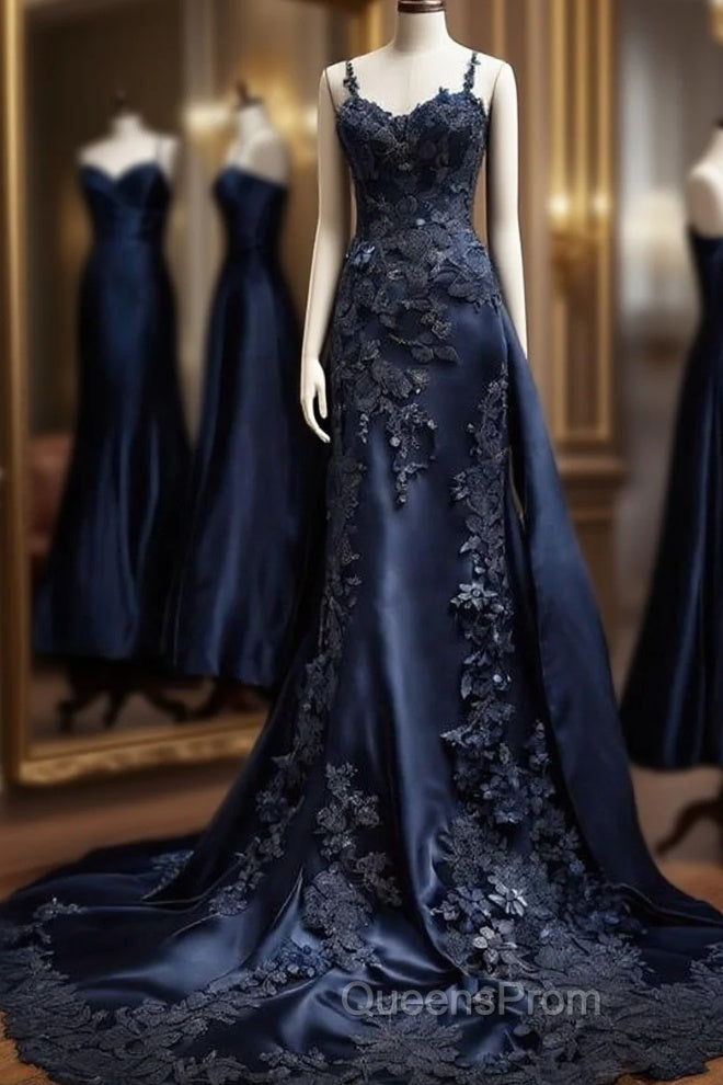 Vintage Mermaid Spaghetti Straps Navy Blue Satin Long Evening Prom Dress Party Dress