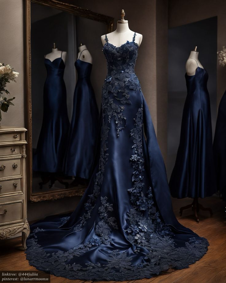 Vintage Mermaid Spaghetti Straps Navy Blue Satin Long Classy Prom Dress Party Dress Main image