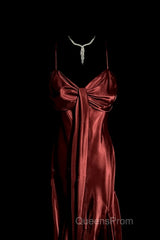 Vintage Mermaid Spaghetti Straps Satin Burgundy Evening Prom Gown Fairy Evening Prom Dress