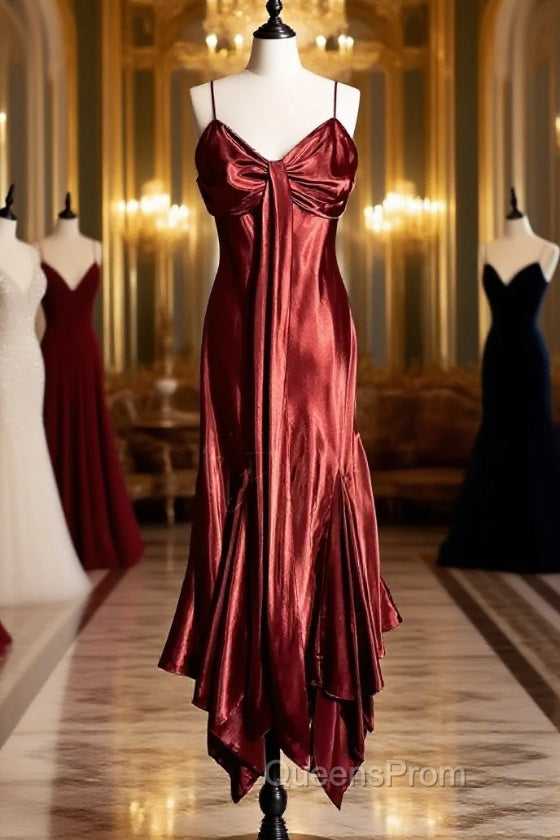 Vintage Mermaid Spaghetti Straps Satin Burgundy Evening Prom Gown Fairy Evening Prom Dress