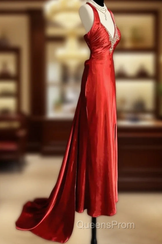 Vintage Mermaid Spaghetti Straps Satin Red Evening Prom Gown Fairy Evening Prom Dress Main image