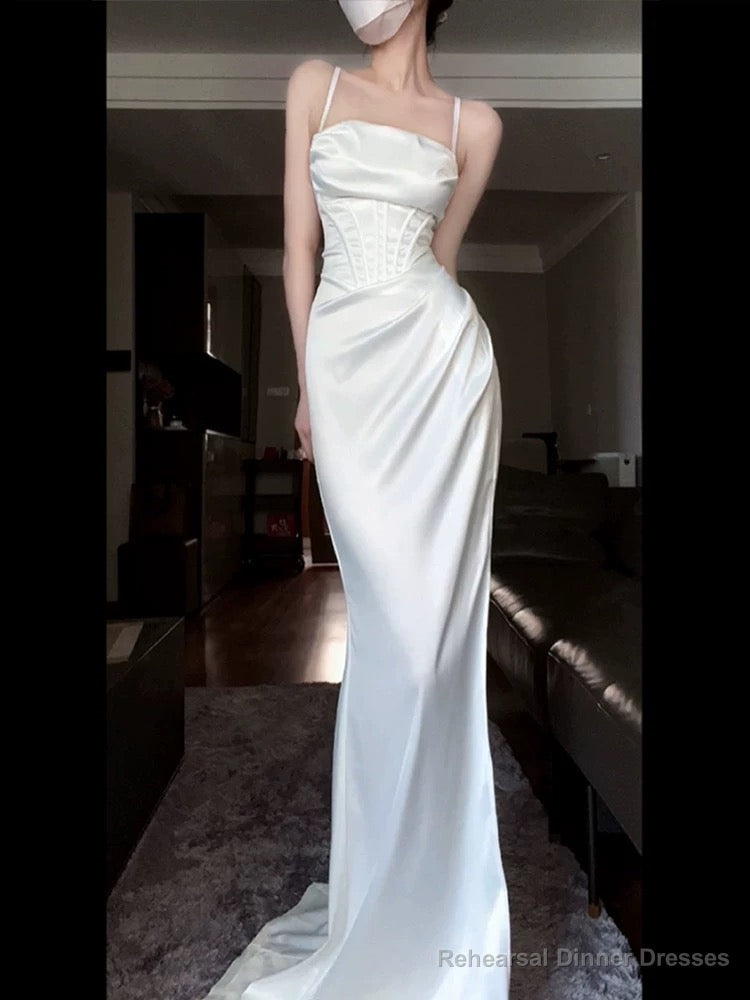 Vintage Mermaid Spaghetti Straps White Satin Long Birthday Dress Prom Dresses Main image