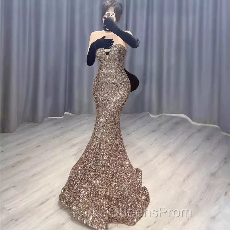 Vintage Mermaid Strapless Party Dress Long Sequin Evening Prom Dress Secondary image