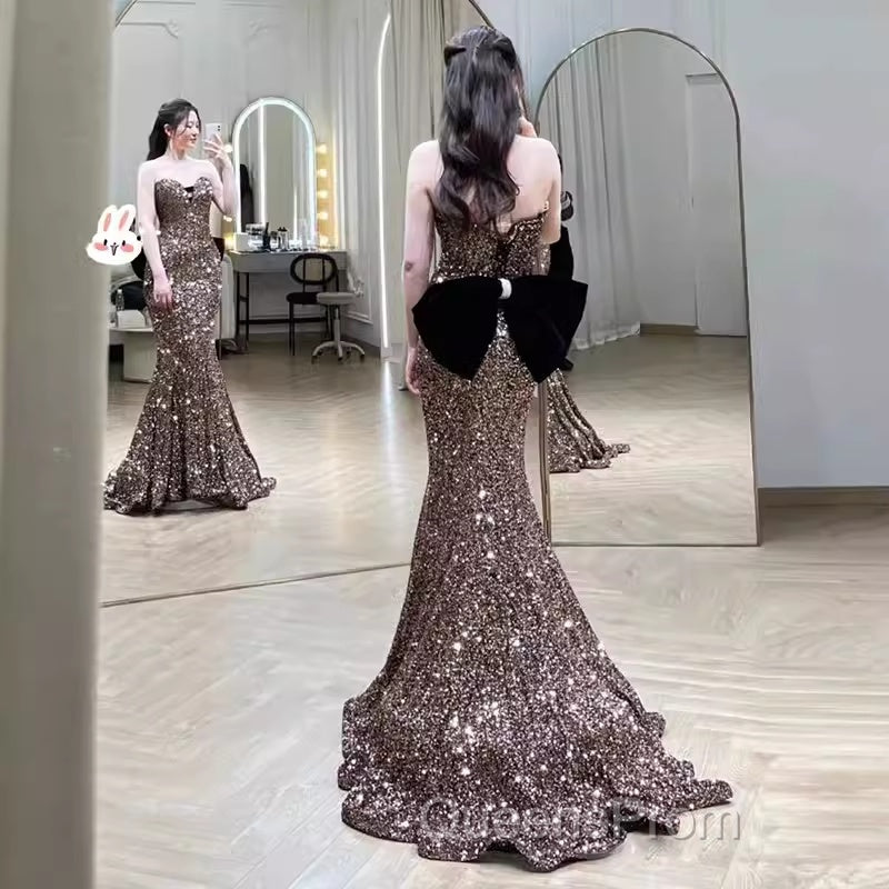 Vintage Mermaid Strapless Party Dress Long Sequin Evening Prom Dress